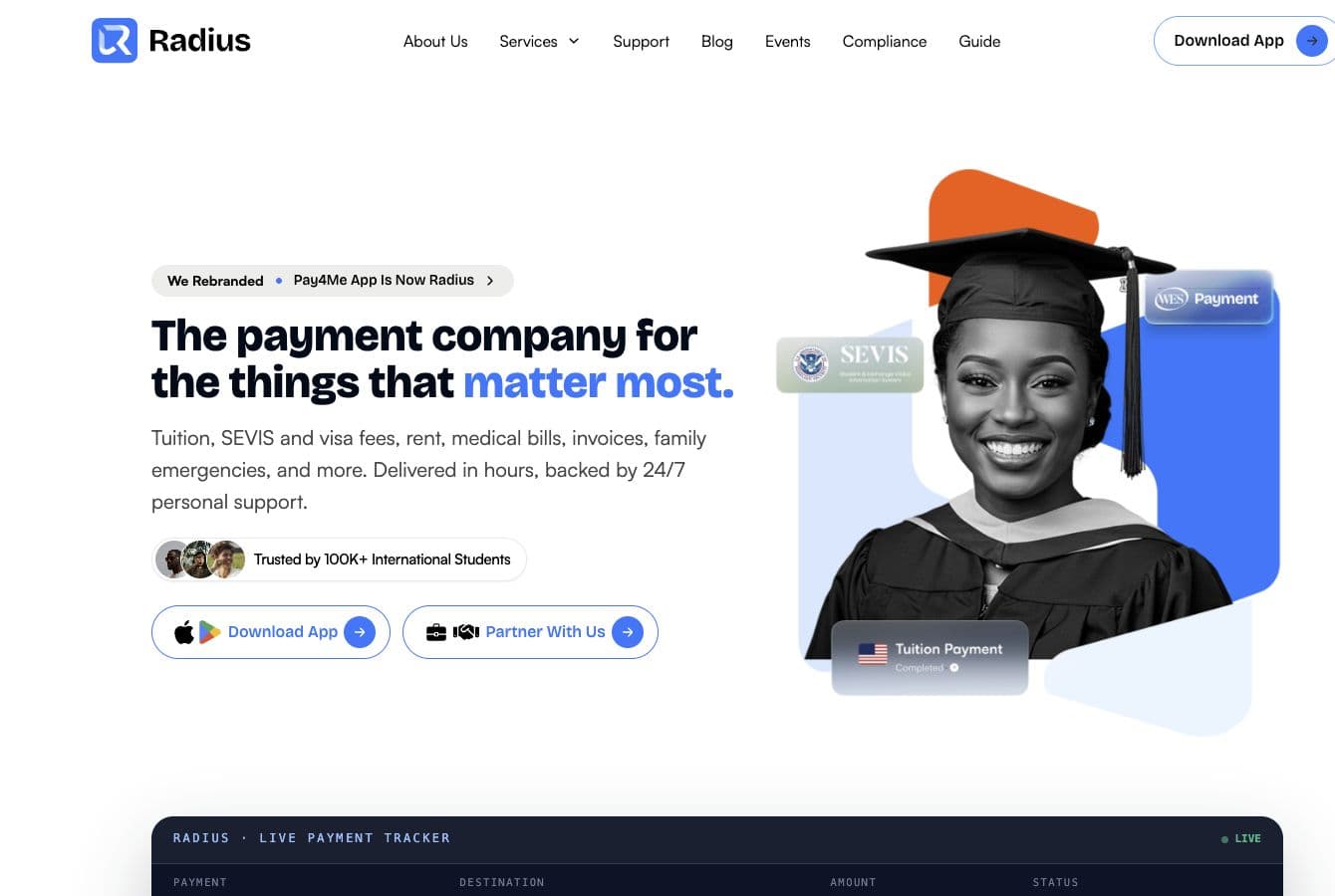 WithRadius homepage showing its international payment experience