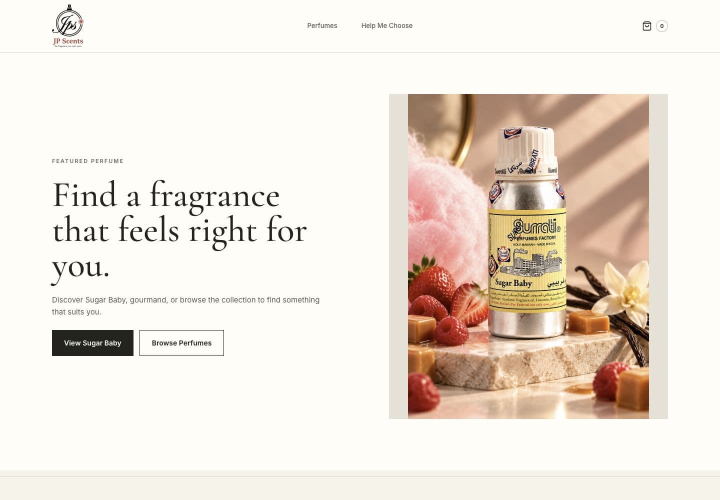 The genuine JPScents fragrance storefront, featuring Sugar Baby
